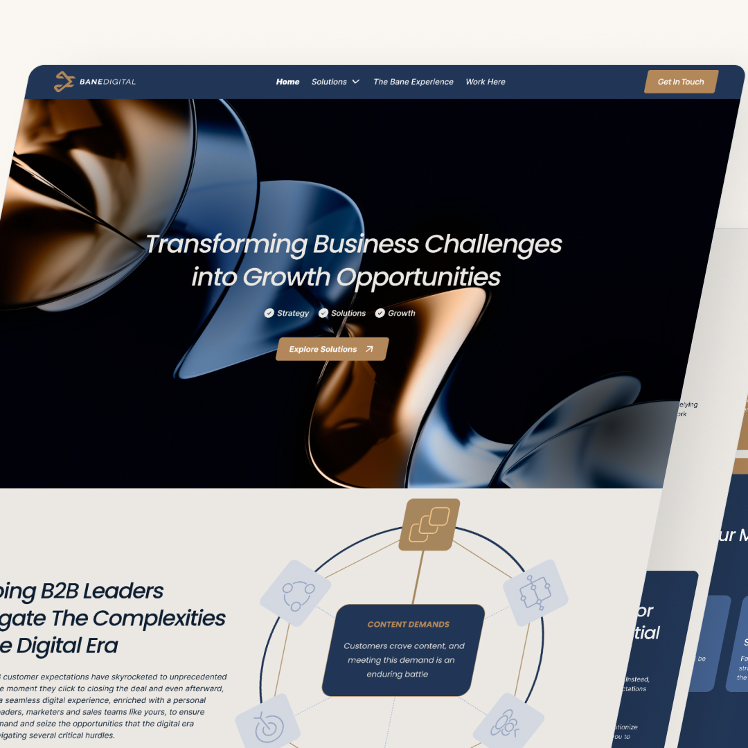 Website Development 5 Close-up of a website homepage displaying abstract metallic shapes with text: Transforming Business Challenges into Growth Opportunities. The navigation menu at the top includes Home, Solutions, and a Get in Touch button—highlighting our design subscription service.