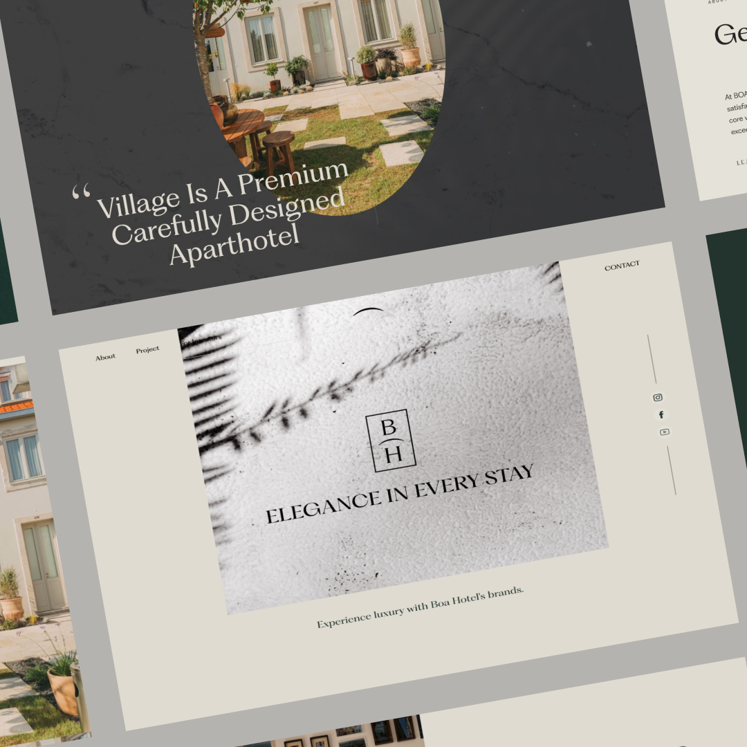 Website Development 1 Collage of modern aparthotel designs with text highlighting premium features and elegance. Includes images of a building facade, nature elements, and the phrase Elegance in Every Stay. Discover more through our design subscription. Contact and social media icons are also visible.