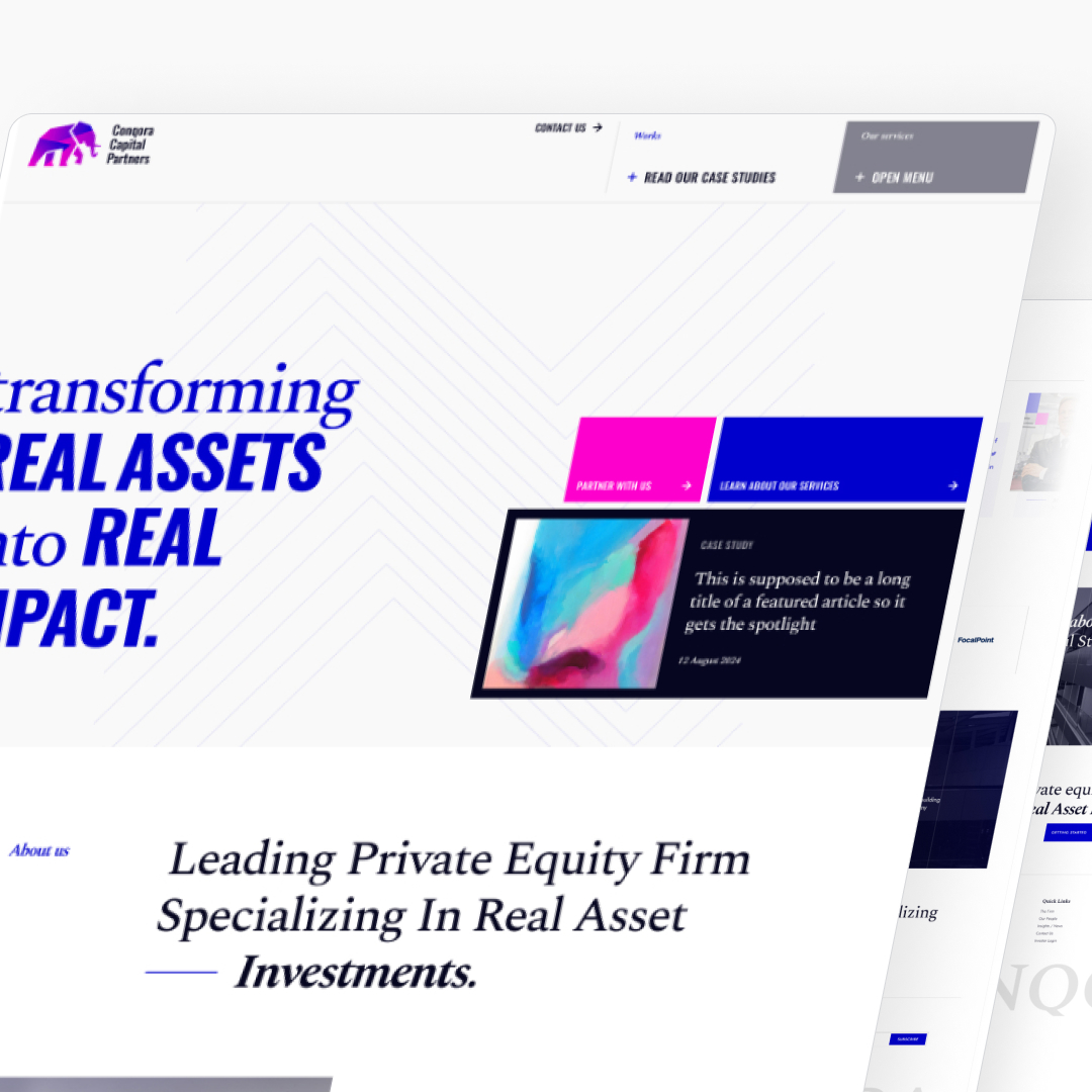 Website Development 9 Website homepage with a focus on real assets and impact investing. Features a header with contact options, menu, and case studies link. The content highlights the firms specialization in unlimited graphic design and a featured article with an abstract image.