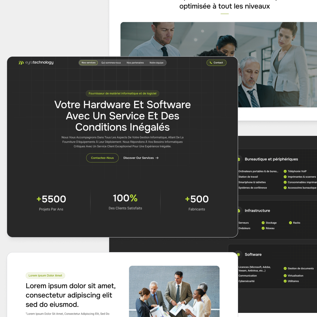 Website Development 4 A website mockup with a dark theme showcasing a tech companys services through a design subscription model. The main section features French text, contact options, and service details. Icons highlight stats, while the bottom displays an image of three people discussing paperwork.