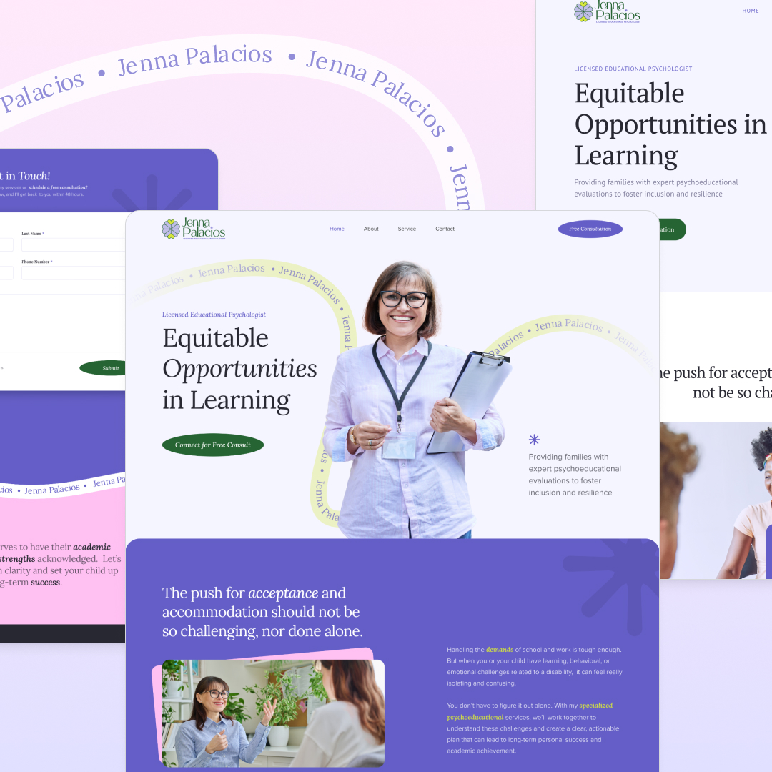 Website Development 2 A website mockup with a header reading Equitable Opportunities in Learning features a smiling woman holding a clipboard. The design includes circular name patterns and sections highlighting unlimited graphic design options, contact details, and consultation services.