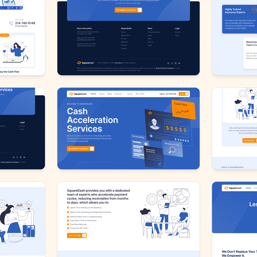 Website Development 6 Collage of SquareDashs website pages, featuring services like cash acceleration and financial management. Visuals boast a blue and white color scheme, illustrations of people with financial charts, contact details, and a nod to unlimited graphic design through their design subscription offerings.