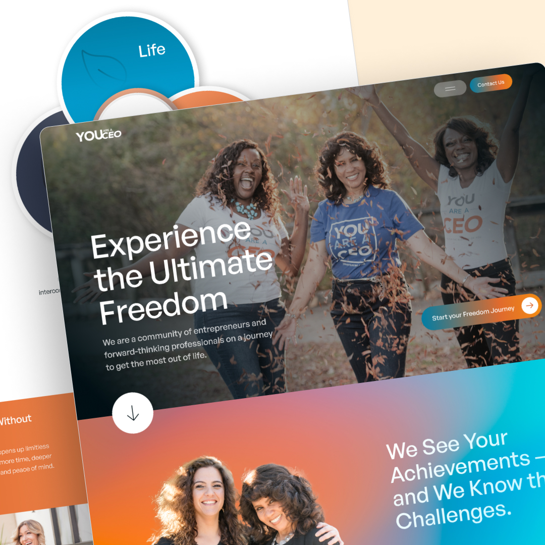Website Development 3 Image of a website with an empowerment theme. Two joyful people stand outdoors, smiling and reaching out. The website text reads Experience the Ultimate Freedom. Decorative elements include colorful circles and text snippets, emphasized by unlimited graphic design features.