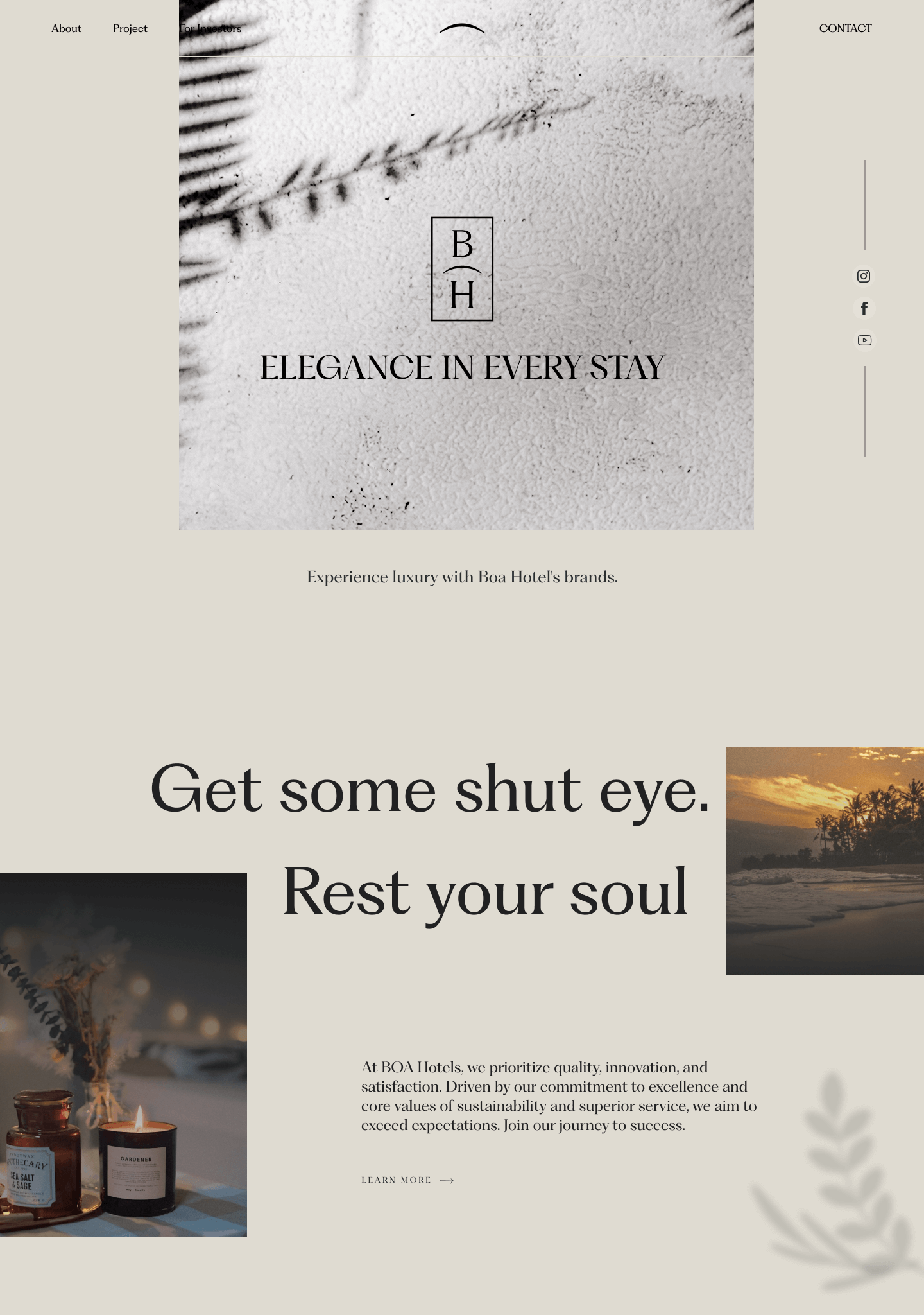 Webflow Development 2 Minimalist hotel advertisement with a monochrome branch, a logo, and the phrase Elegance in every stay. Text reads: Get some shut-eye. Rest your soul. Images of candles and a scenic waterfront featured. Discover how our design subscription sets the scene. Sections for About, Project, and Contact are visible.