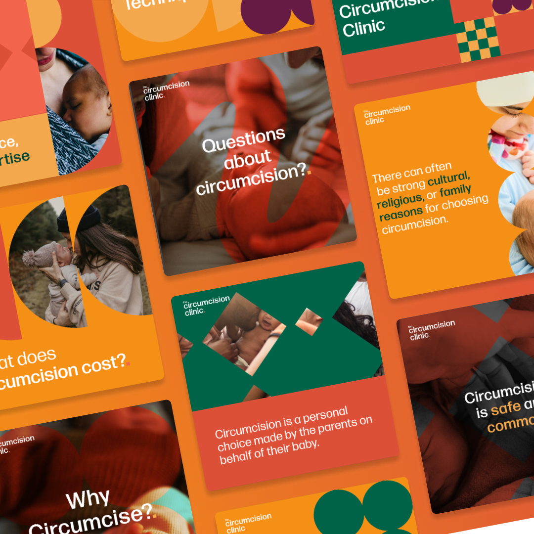 Canva Design 3 A vibrant collage of colorful informational cards on circumcision, with dominant hues of orange, green, and red. Featuring images of infants and parents hands, the design resembles those from an unlimited graphic design service, complete with text posing questions and facts about the procedure.
