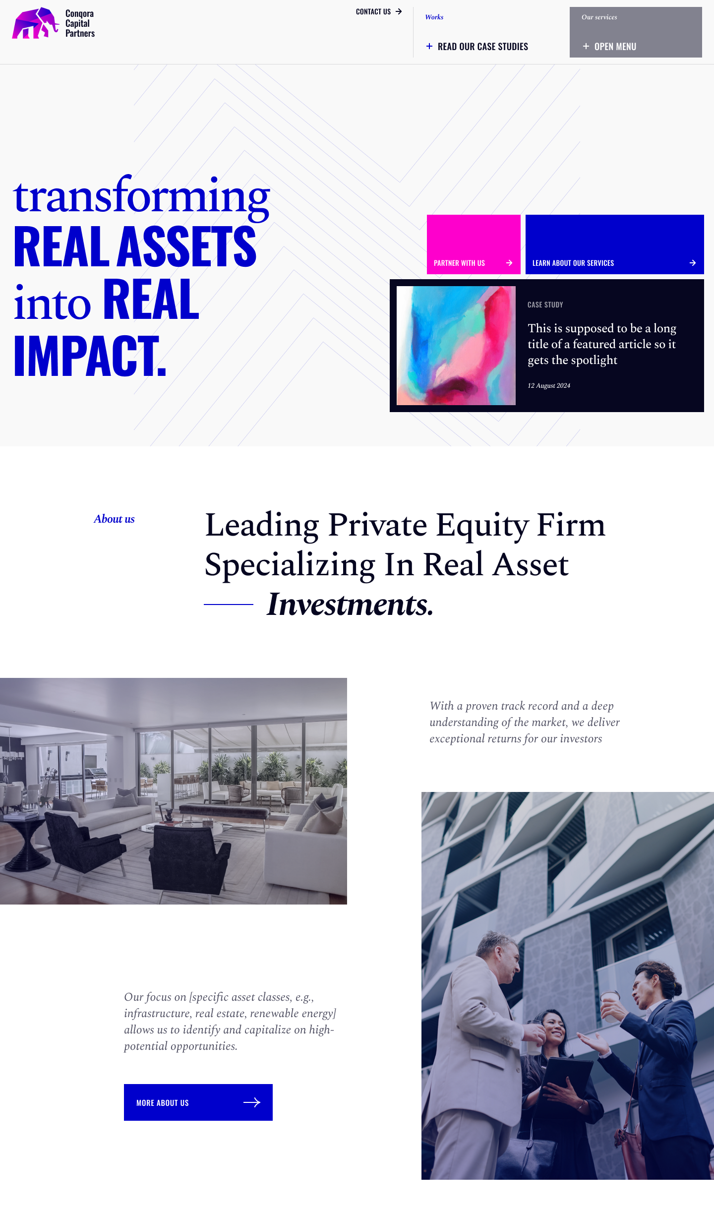 Webflow Development 5 Discover our private equity firmโs homepage, elegantly designed with a purple and white palette. Boldly stated, transforming real assets into real impact, it showcases our services and case studies. Experience the modern office vibe while exploring our design subscription offerings.