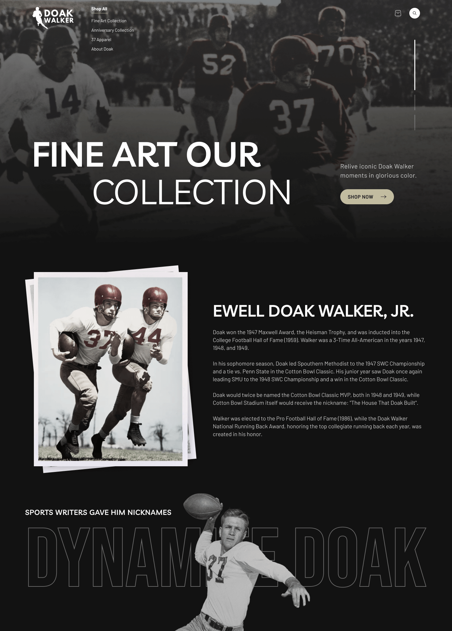 Webflow Development 1 A vintage-style webpage featuring images and text about Doak Walker, a notable football player, showcases unlimited graphic design finesse. With black-and-white photos of him in action and details on career highlights, the bold layout evokes nostalgia while celebrating his legacy.