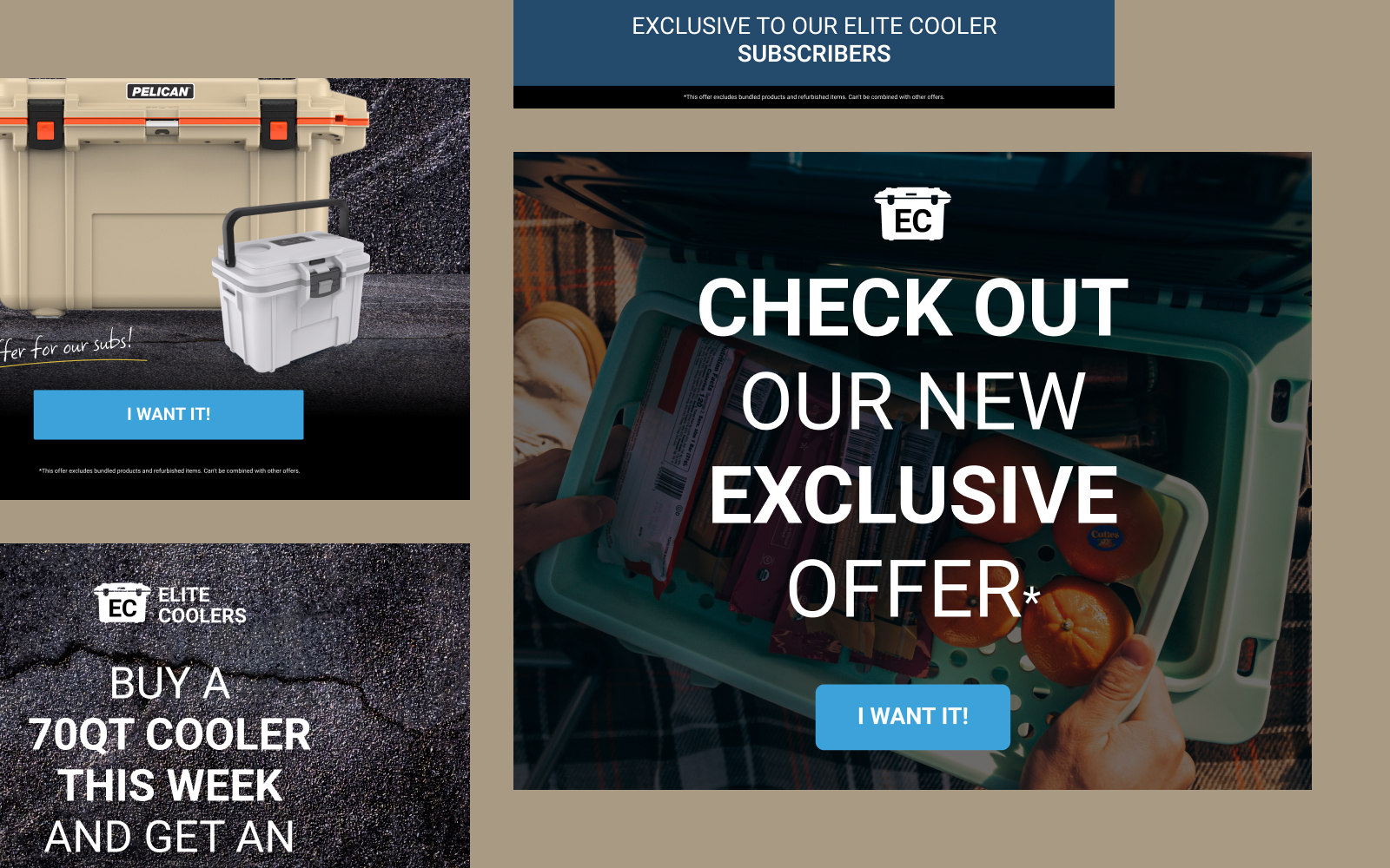 Canva Design 14 A promotional graphic featuring coolers with text highlighting Elite Cooler offers. It includes calls-to-action like I want it! and mentions an exclusive offer and a chance to win a 70QT cooler this week.