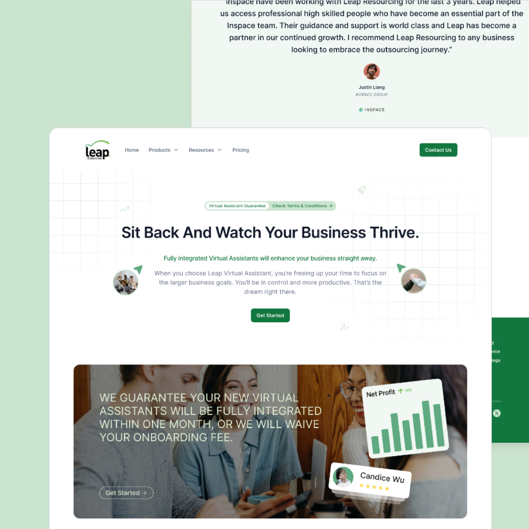 Canva Design 15 Screenshot of a webpage for Leap, a business offering virtual assistant and unlimited graphic design services. Features include a testimonial, the slogan Sit Back And Watch Your Business Thrive, and a description of their service benefits. A chart shows potential net profit gains.