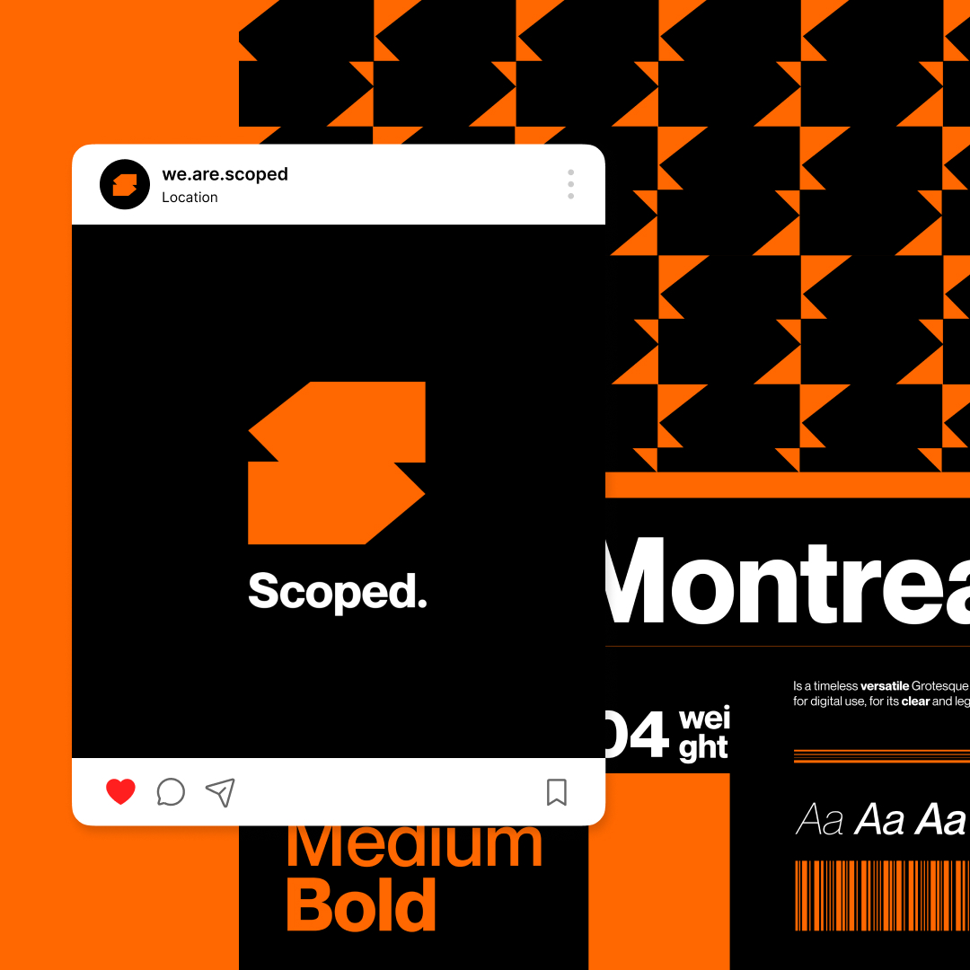 Canva Design 8 Abstract design featuring orange and black geometric patterns with a small Instagram-style post showing the Scoped logo. The background includes Montreal and font styles like Medium Bold, all crafted under an unlimited graphic design subscription for endless creative possibilities.