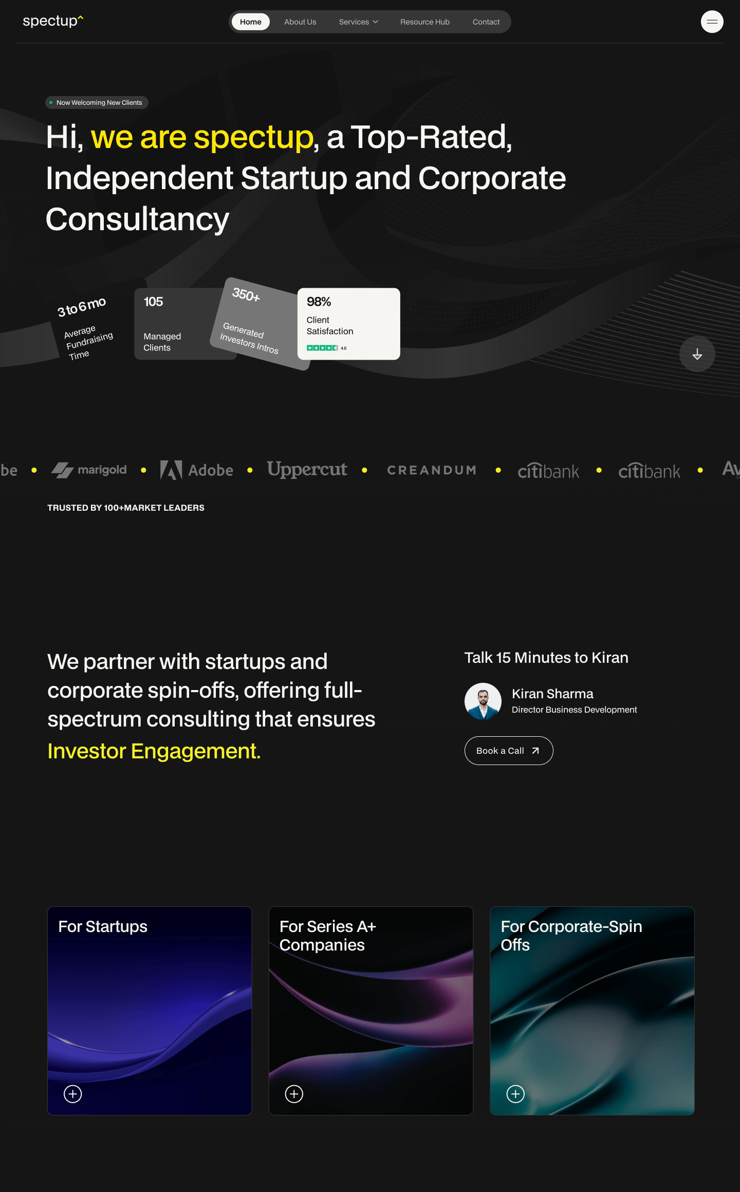 Webflow Development 3 A webpage for Spectup, highlighting their consultancy services and design subscription options. Includes service statistics, company logos, and sections for startups, series A+ companies, and corporate spin-offs. Features an option to book a call with consultant Kiran Sharma.