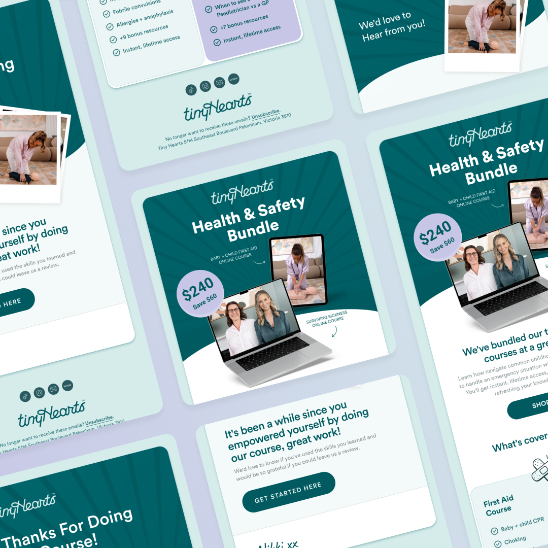Canva Design 5 A set of eight cards promotes the tinyHearts Health & Safety Bundle, highlighting its value with images of people and a laptop showcasing online courses. With teal backgrounds and bold text, its an offer as flexible as an unlimited graphic design subscription.