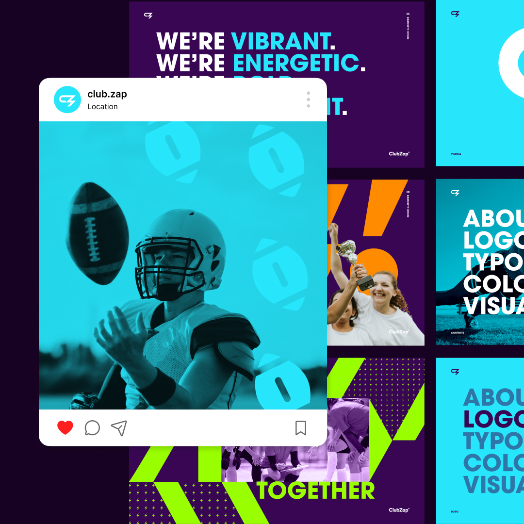 Canva Design 9 Collage of vibrant sports-themed graphics. Central image shows an American football player catching a ball, overlaid with a blue filter. Surrounding text features motivational phrases like Were vibrant, Together, and emphasizes unlimited graphic design along with logo typography and color visual.