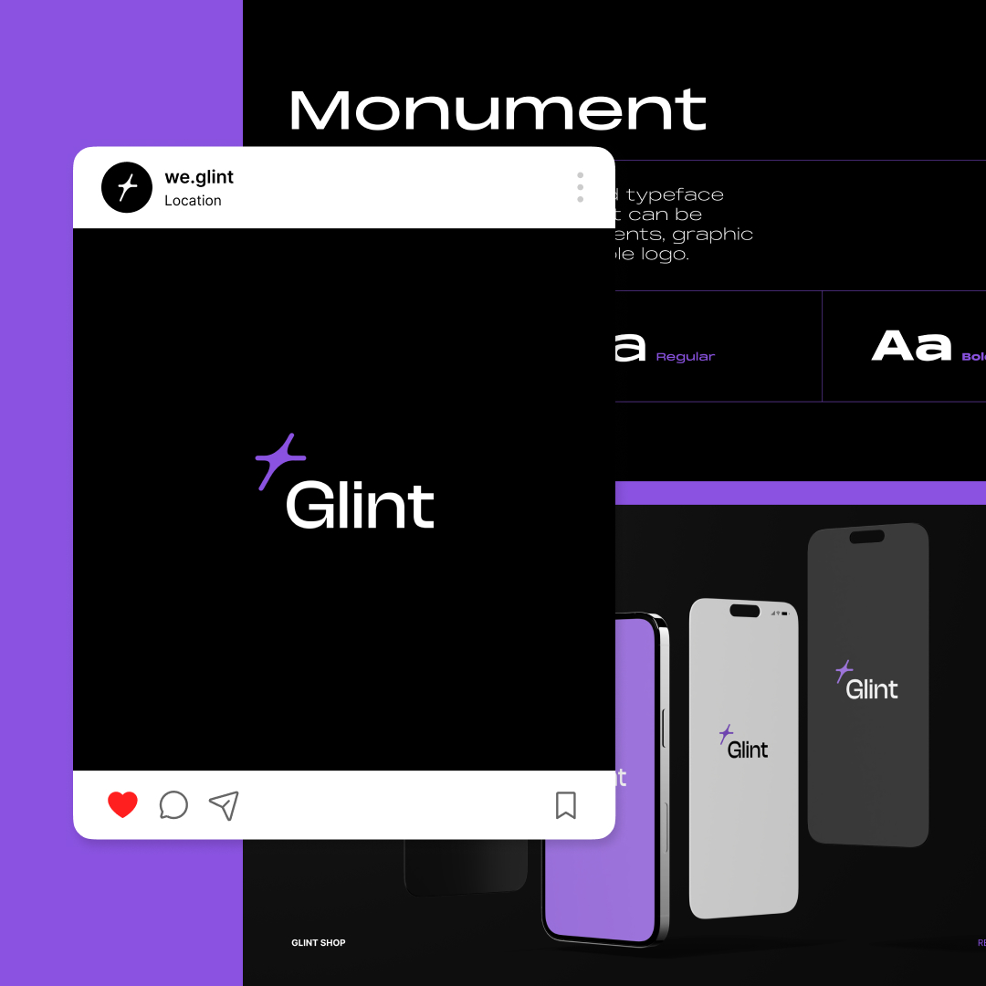 Canva Design 12 A promotional graphic showcasing the Glint phone case on a dark background highlights unlimited graphic design possibilities. Includes a mock Instagram post featuring the logo, with font styles and examples displayed on various phone models.