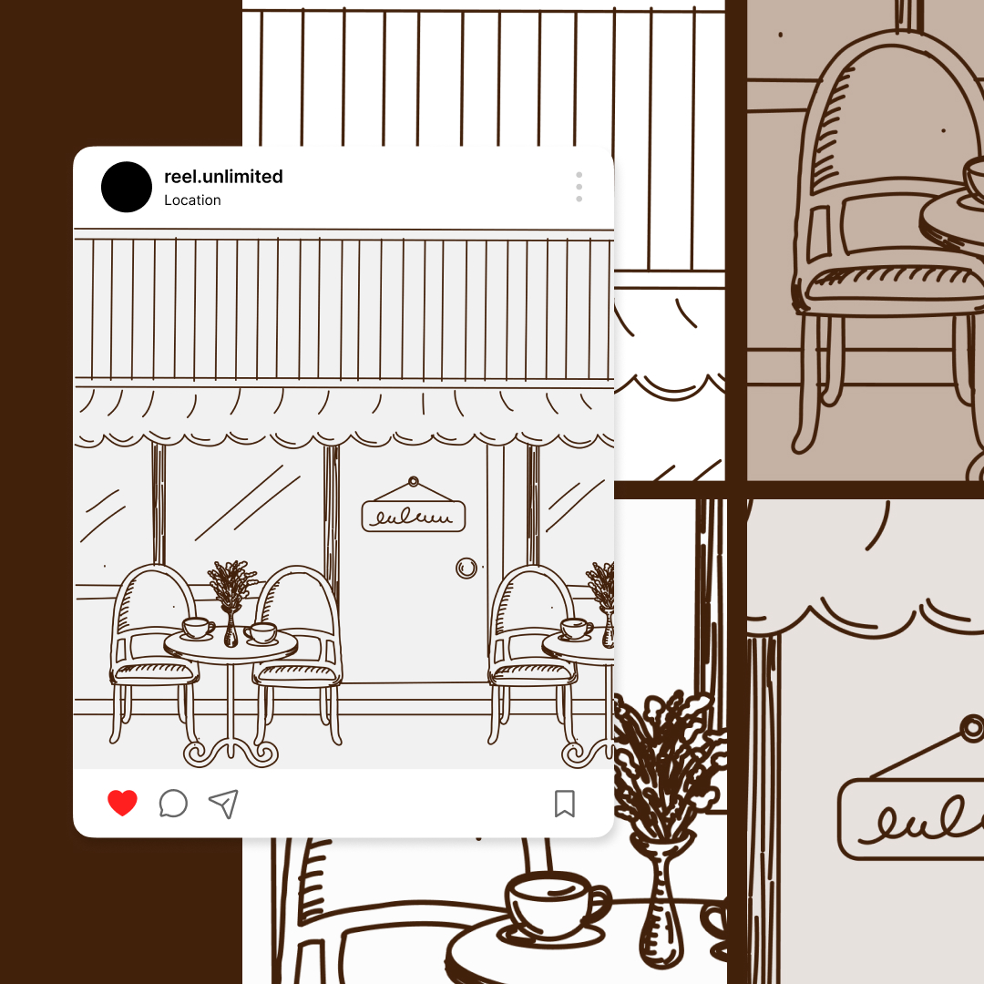 Custom Illustrations 12 Illustration of a cafรฉ storefront with a striped awning, round tables, and chairs. The cafe sign reads Lulus. An Instagram post overlay shows location and engagement icons. Crafted in a minimalist, sepia-toned style, it showcases the charm of custom illustration services at their finest.