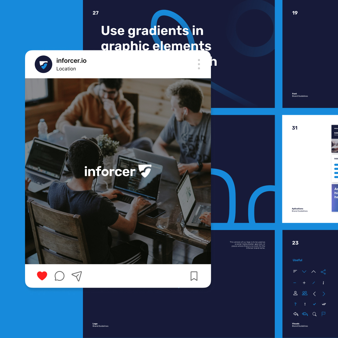 Canva Design 11 A group of young professionals is immersed in work on laptops around a table, with the social media interface for inforcer.io and its logo prominently displayed. The backdrop boasts blue panels discussing the power of unlimited graphic design and the use of gradients.