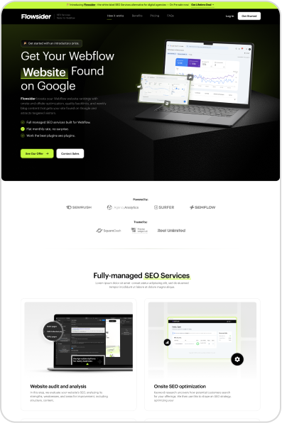 Webflow Development 7 A webpage from Flowsider showcasing SEO services for Webflow websites. It features graphics of a laptop with analytics, logos of SEO tools like SEMRUSH, and sections highlighting services such as website audits and onsite SEO optimization, all complemented by unlimited graphic design support.