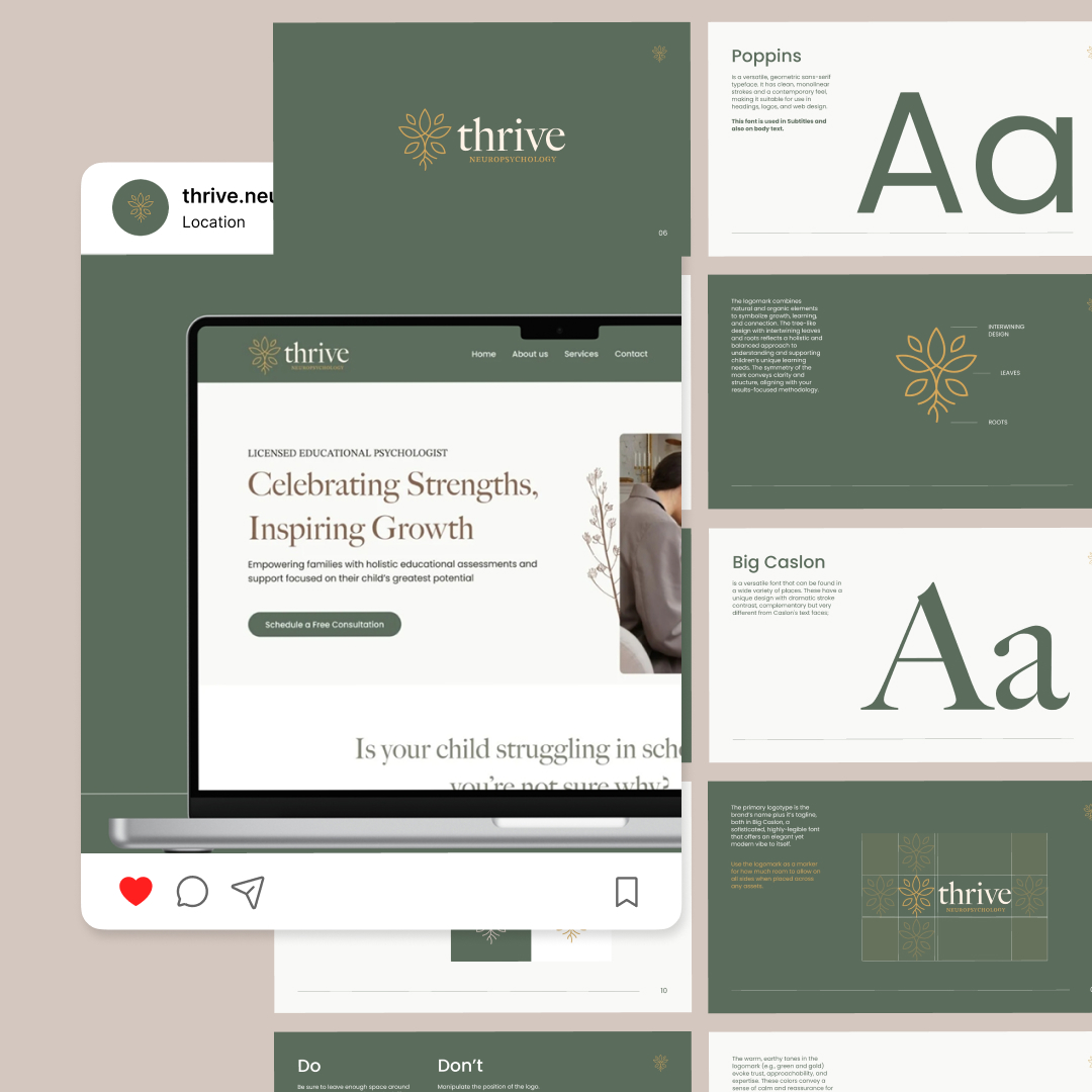 Canva Design 7 A collage showcasing a branding presentation for Thrive, featuring a website mockup on a laptop, font selections Poppins and Big Caslon, with green and beige color scheme, logo design, an Instagram post mockup, and hints of unlimited graphic design possibilities.