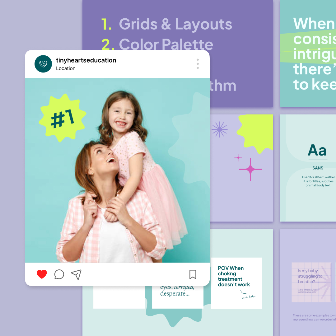 Canva Design 1 A smiling adult and child pose joyfully in the foreground on a teal background, with the child sitting on the adults shoulders, next to a graphic that reads #1. In the background, design elements and text on grids and typography are visible.