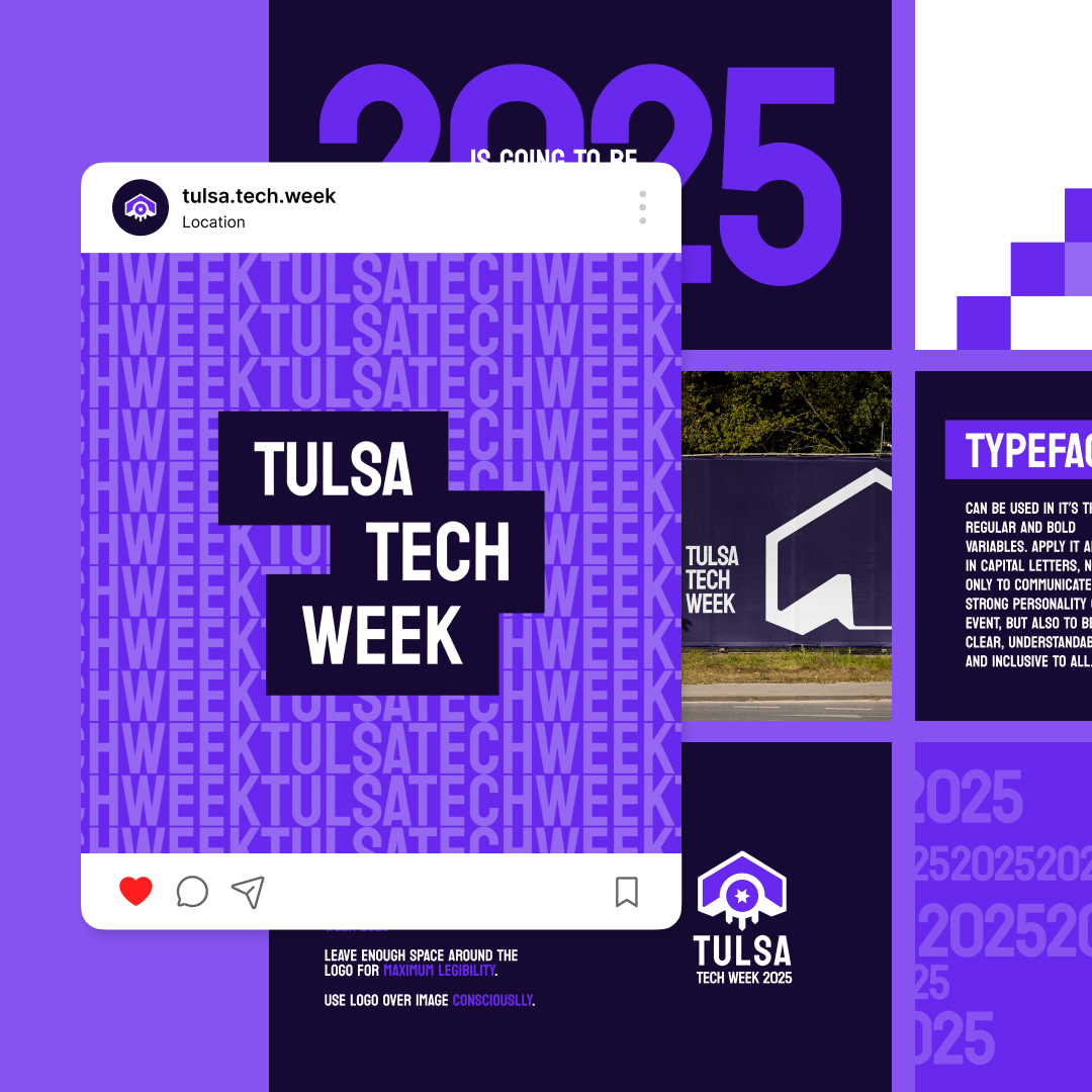 Canva Design 6 Collage showcasing a Tulsa Tech Week promo image. Features an Instagram post mockup, striking 2025 text, a logo, typography guidelines, and an event banner photo—all in purple and white with hints of unlimited graphic design potential.